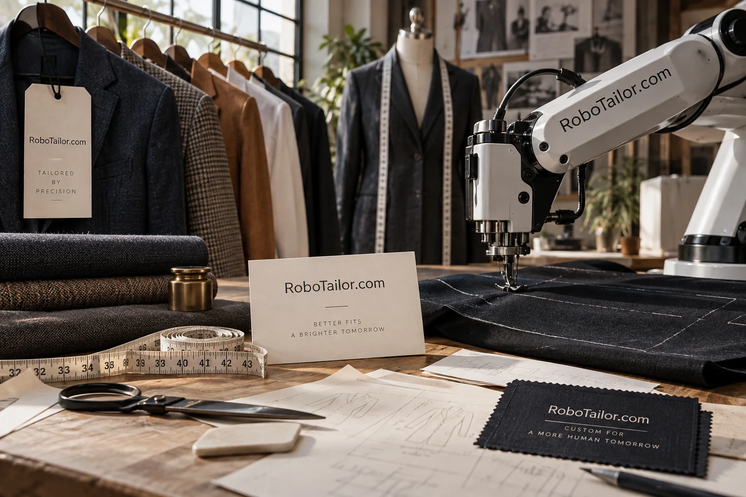 Garments, measuring tools and a sewing robot in an atelier