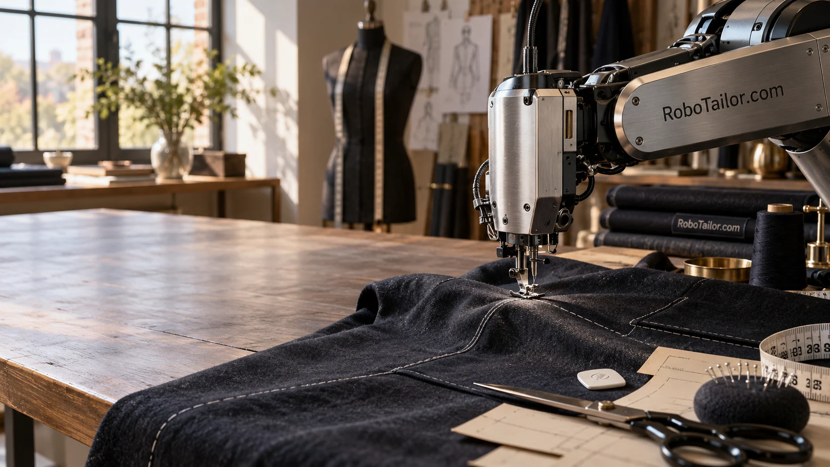 A brushed steel sewing robot over charcoal wool in a daylight atelier
